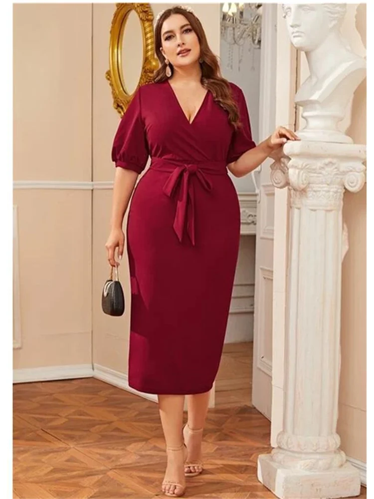 

Elegant Long Sleeve Plus Size Women Clothing Sexy Dreep V Lace Up Midi Black Dress Bodycon Evening Party Office Vestido Autumn