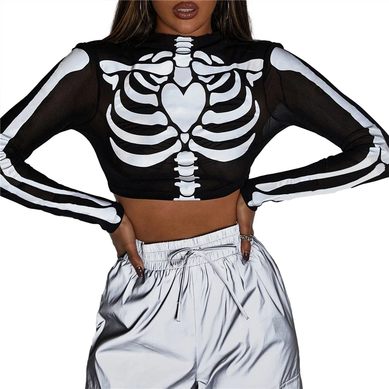 

Женский короткий топ с принтом скелета, Готическая футболка в стиле кибер-панк с круглым вырезом и длинными рукавами, футболки в эстетическом стиле для девушек, уличная одежда