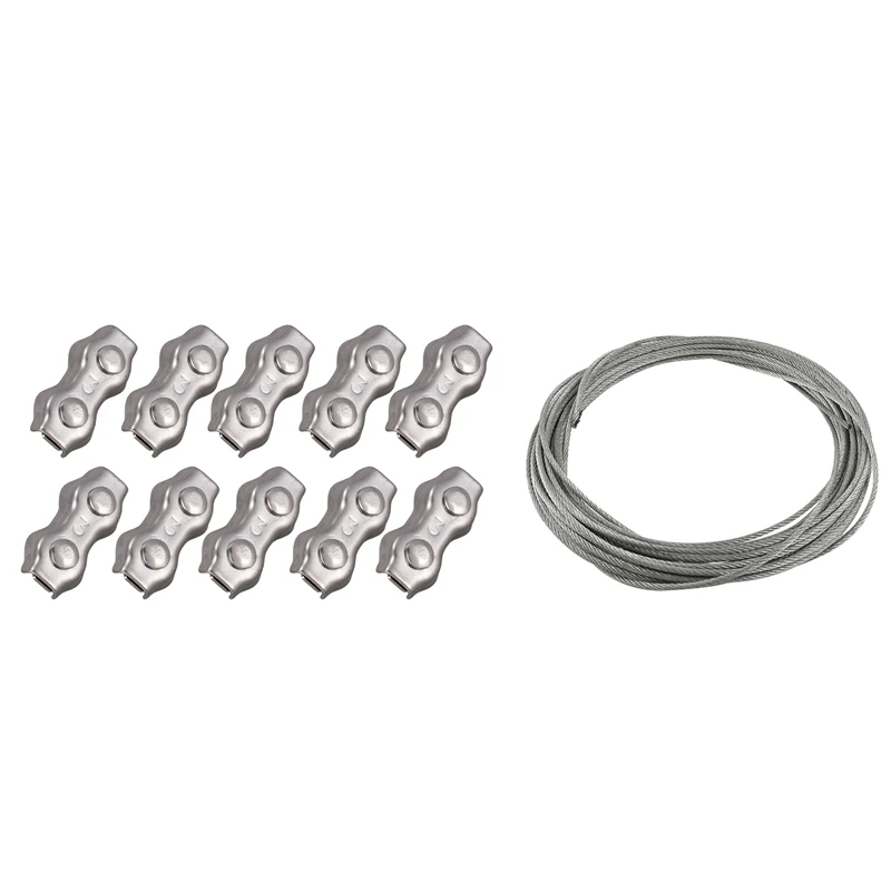 

11 Pcs Stainless Steel Wire Rope Clamps+Cable: 10 Pcs 3Mm Duplex Clips Wire Cable Rope Grips Clamps Caliper & 1 Pcs Flexible Wir