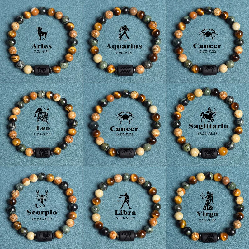 

12 Zodiac Sign Bracelet Constellation Charm Bangles Men Virgo Leo Tiger Eye Beads Couple Bracelets Women Friendship Gift Jewelry