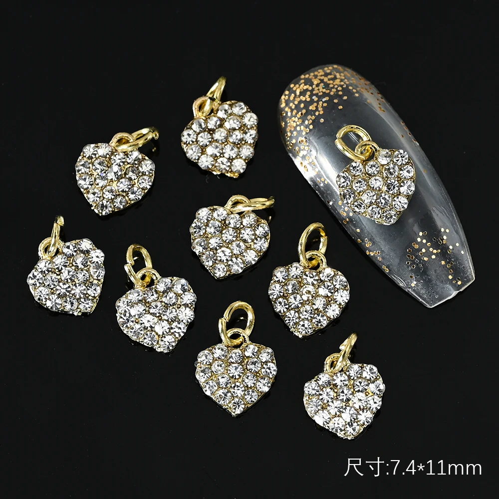 

10Pcs Alloy Love Heart Dangle Nail Charms Piercing Jewelry 3D Heart Crystal Nail Art Rhinestone Luxury Gold Sliver Glitter Gems
