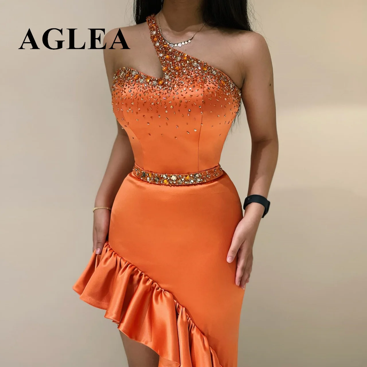 

AGLEASimple Orange Pearls Beaded One Shoulder Long Prom Dresses Sexy Cut Out Waist Straight Fitted Satin Senior Bridesmaid Gowns