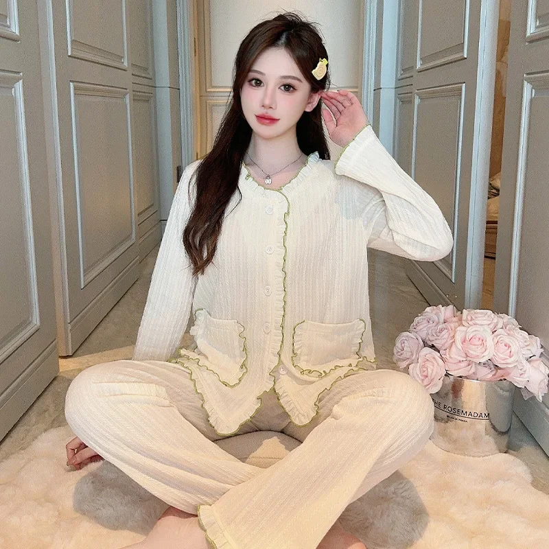 Корейский стиль женский легкий повседневный пижамный костюм с длинными рукавами