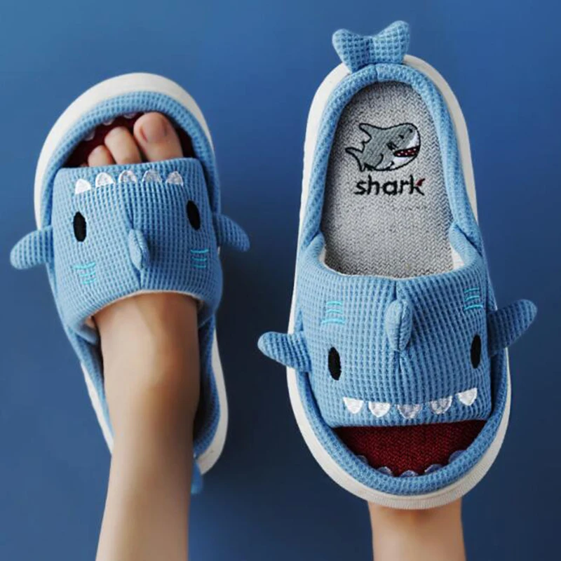 

New shark Slippers Open Toe Cute Cartoon Shark Shape home slippers EVA Thick Sole Hemp slides Indoor flat shoes Women sandalias