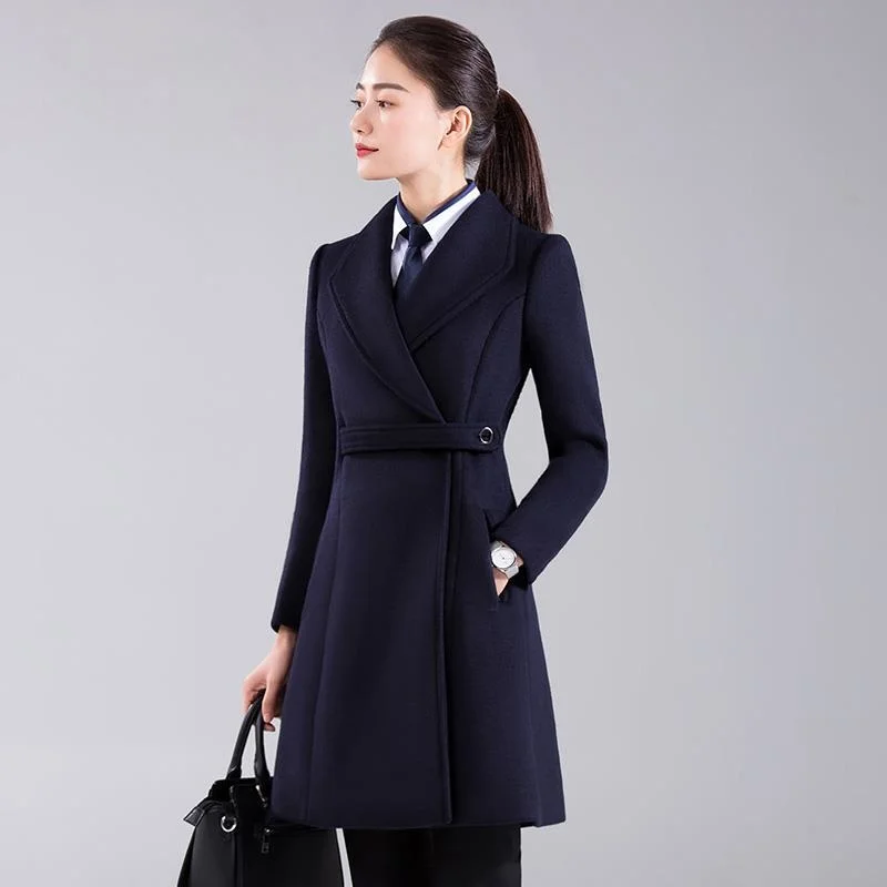 

Пальто шерстяное женское средней длины, профессиональное зимнее черное пальто, Рабочая Ткань, пальто для офиса, гостиницы