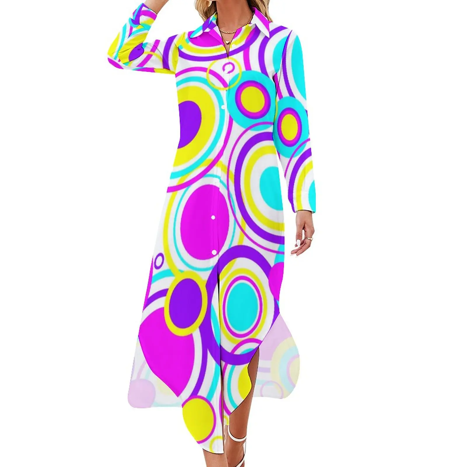 

Retro Circles Pattern Casual Dress Bright 60s Print Street Style Dresses Sexy V Neck Elegant Chiffon Dress Long Sleeve Vestido