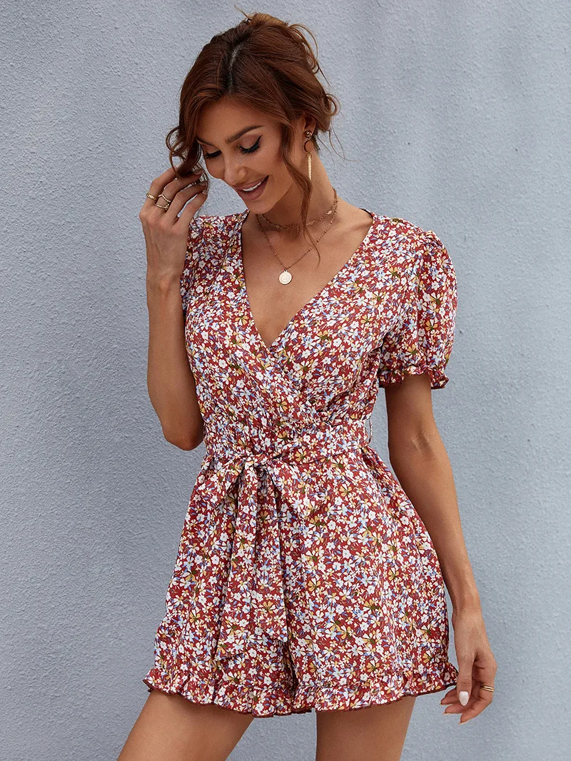 

Summer Chiffon Floral Rompers 2021 Women V-Neck Short Sleeve Casual A-Line Playsuits Flared Sleeves All-Match Short Jumpsuits