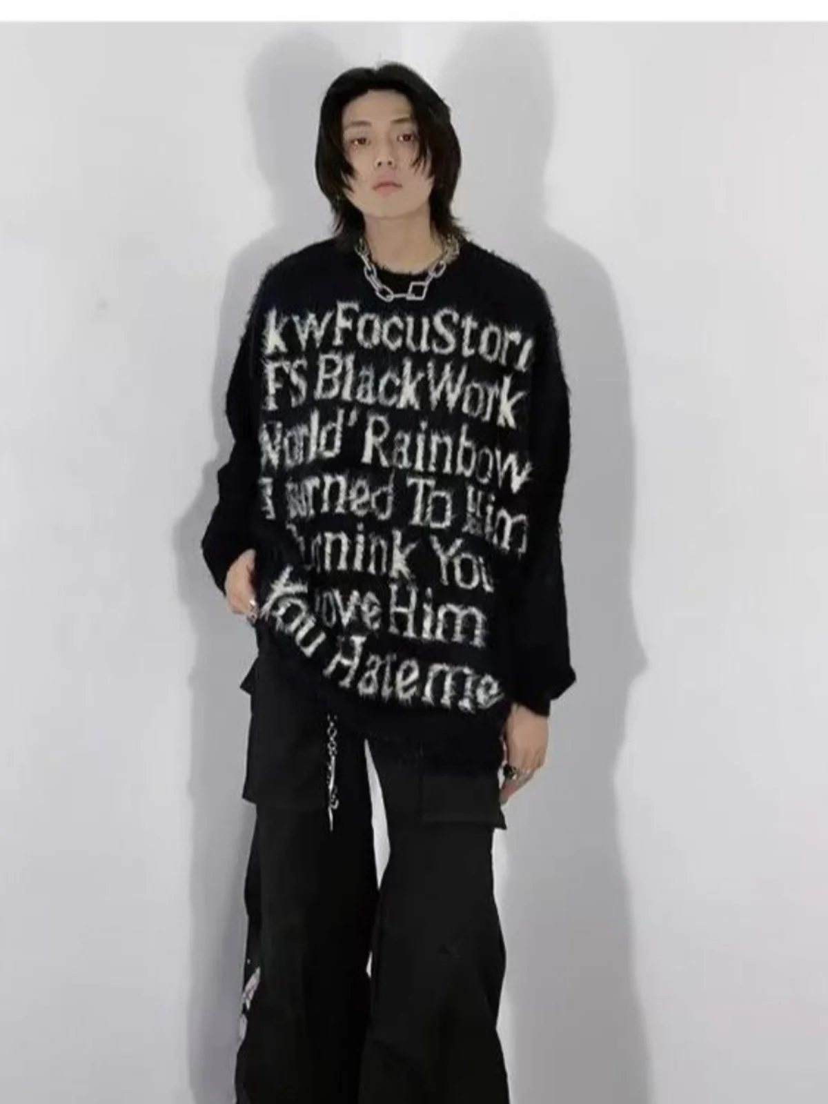 American High Street National Fashion Letter Jacquard round Neck Sea Hair Couple Sweater Men and Women Autumn Winte...
