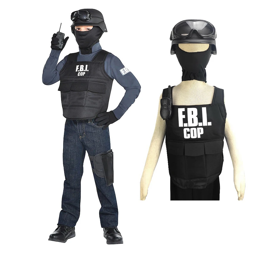 FBI Bulletproof Vest Special Agent Uniform Outfits Police Cosplay Fancy Halloween Costume for Kids Carnival Headgear Helmet Prop