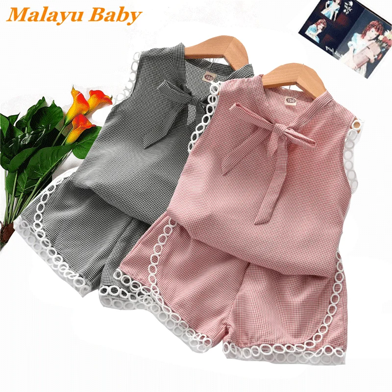 

MALAYU BABY Toddler Girls Clothing Suit 2022 Summer Fashion Lace Sleeveless Tops Blouse+Casual Short 2 Pcs Outfits Kids Costume