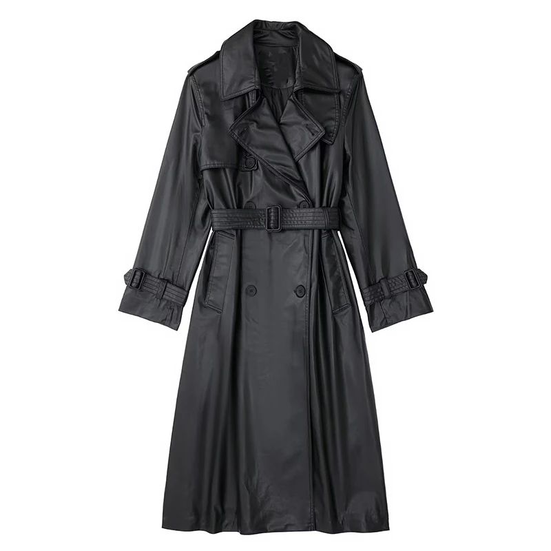 Elegant Black Faux Leather Trench Femme Outwear Fashion Winter Double Breasted Belt Oversize Office Ladies Pu Long Coat Women