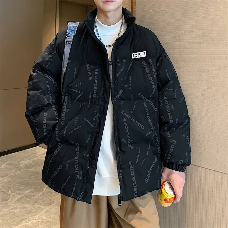 2023 Men Winter Jacket Thicken Warm Cotton Loose Stand Collar Harajuku Casual Parkas Coats