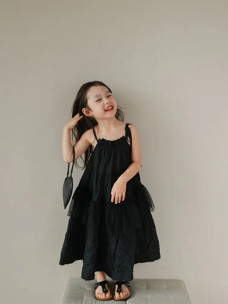 

Girls Casual Dresses Korean Fashionable Lace Irregular Vest Summer New Children Clothing Soild Simple Fashion Loose