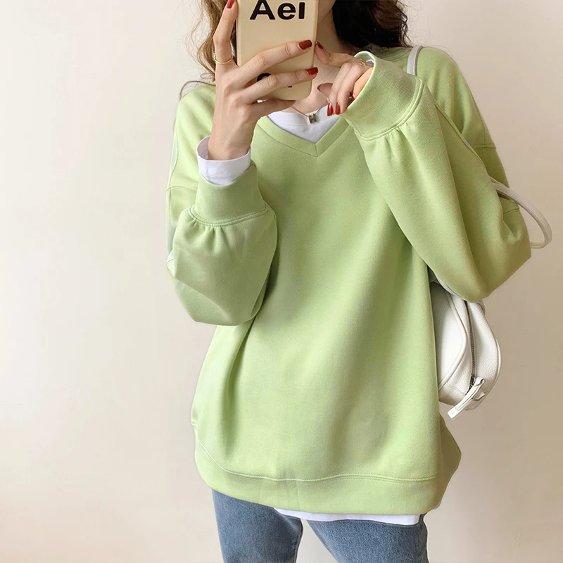 

Women's Patchwork V-neck Casual Loose Autumn Fashionable Sweatshirt 2021 New Solid Color Ladies Winter Pullovers Tops Female Ins