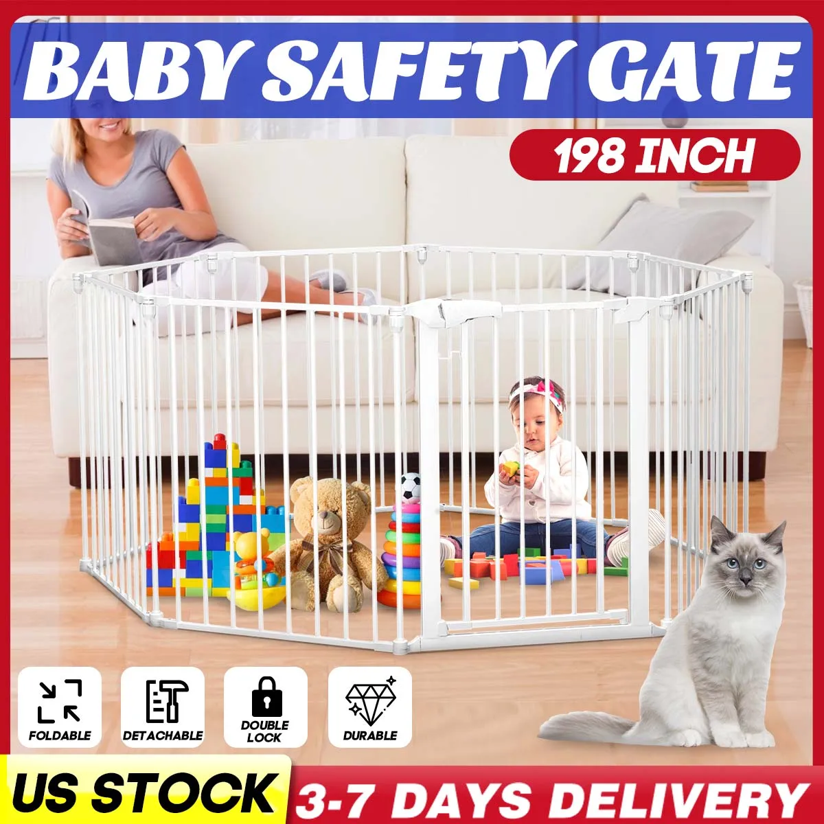 

198 inch Baby Gate Baby Safety Door 8 Panels Super Wide Walk Thru Dog Gate Fence Foldable Durable House Stairs Doorways US STOCK