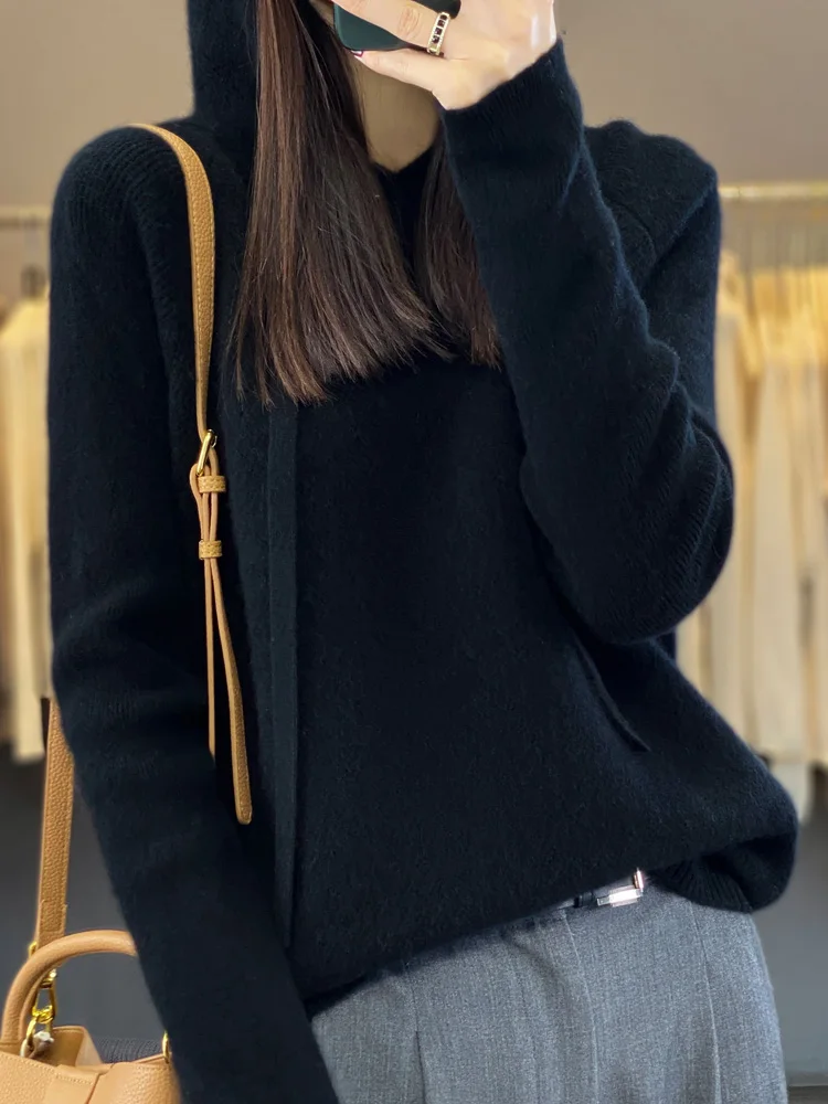 00 Pure Wool Hoodie Bottoming Shirt Women 2024 New Spring and Autumn Plus size women clothing Winter Knit sweater