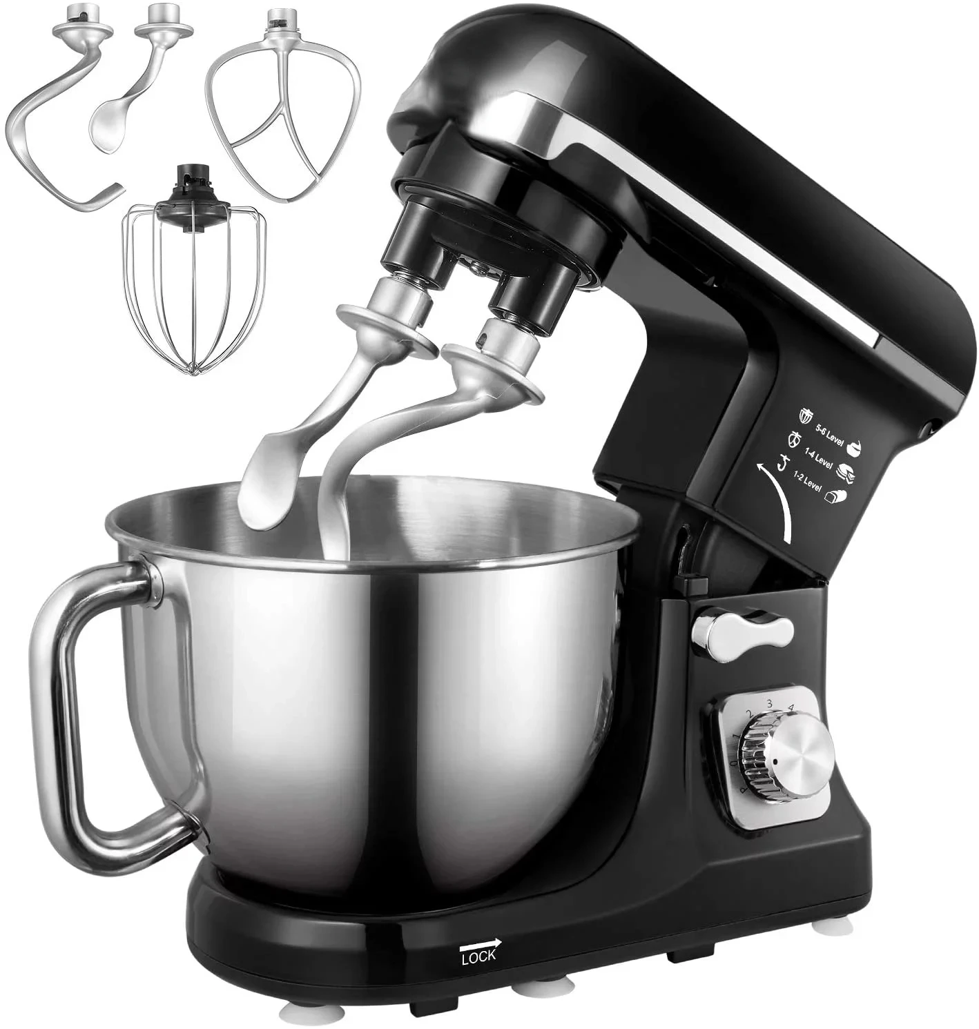 

Mixer with Double Hook, 6 Speeds, 5.5Qt Stainless Steel Bowl, Beater and Whisk Black