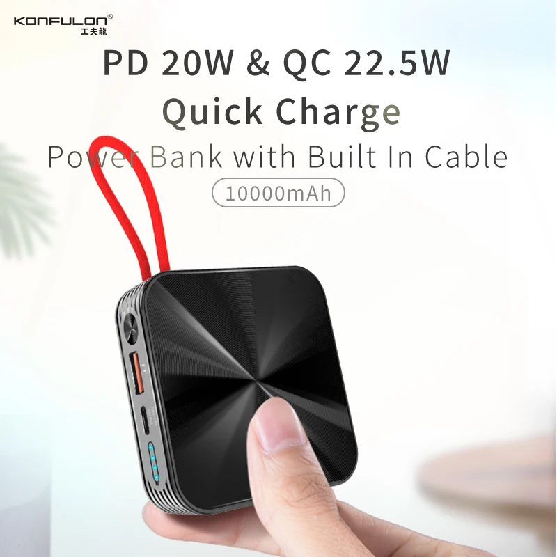 

10000mAh PD 20W & QC 22.5W Fast Charging Battery Built-in Cable Portable External Auxiliary Battery Small Size Charging Bank
