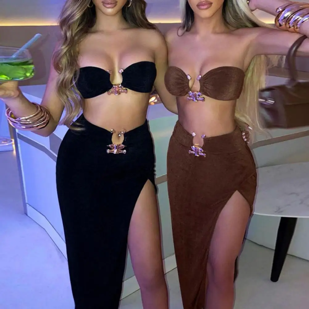 

Sexy Summer Women's Suit 2Pcs Skirt Strapless Backless Tube Top High Slit Solid Pleated Asymmetrical Split Thigh Maxi Dress Set