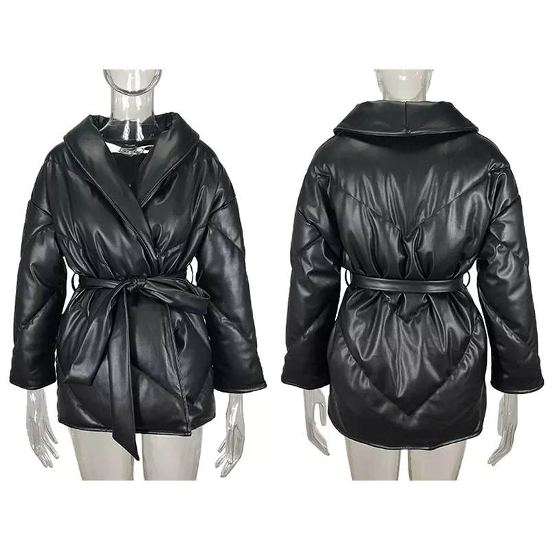 New2022 Autumn Winter Parkas Women Fashion Loose Solid PU Leather Coats Women Elegant Tie Belt Cotton Jackets Female Ladies
