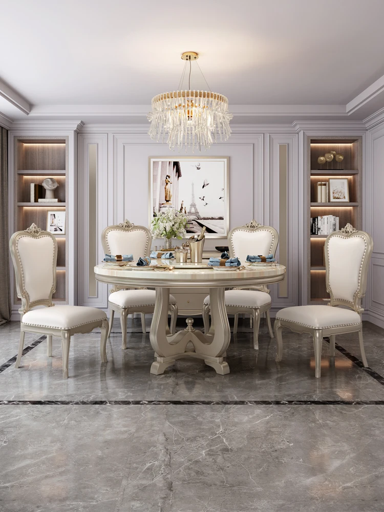 

American light luxury marble dining table and chair combination European solid wood round table villa living room simple dining