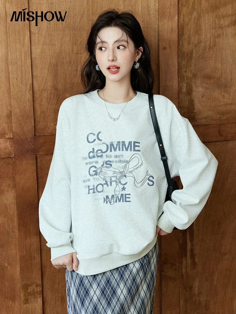 Женская толстовка MISHOW в стиле ретро с круглым вырезом и бантом осень 2024 пуловеры