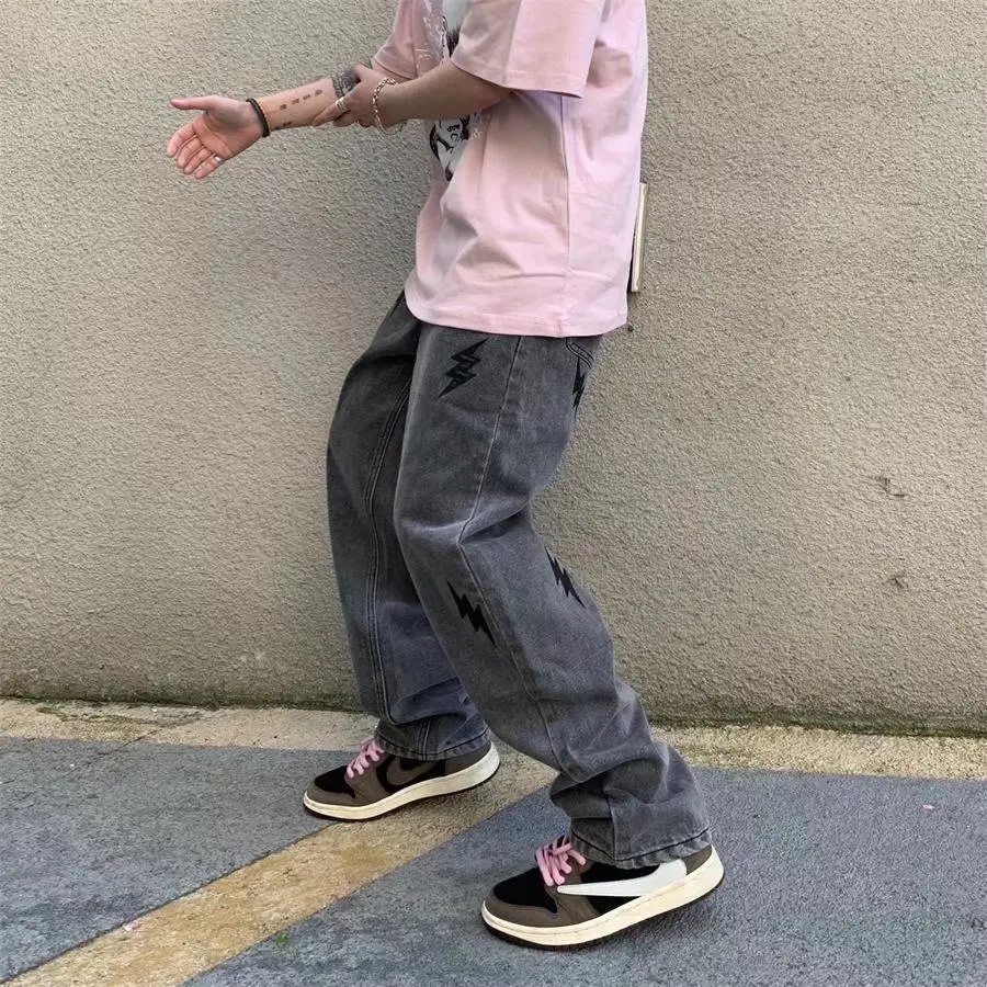 Hip Hop Jeans High Street Embroidered Pants Street Trend Washed Jeans Plus Size Men Jeans Pants  Men Clothing  Mens Loose Jeans