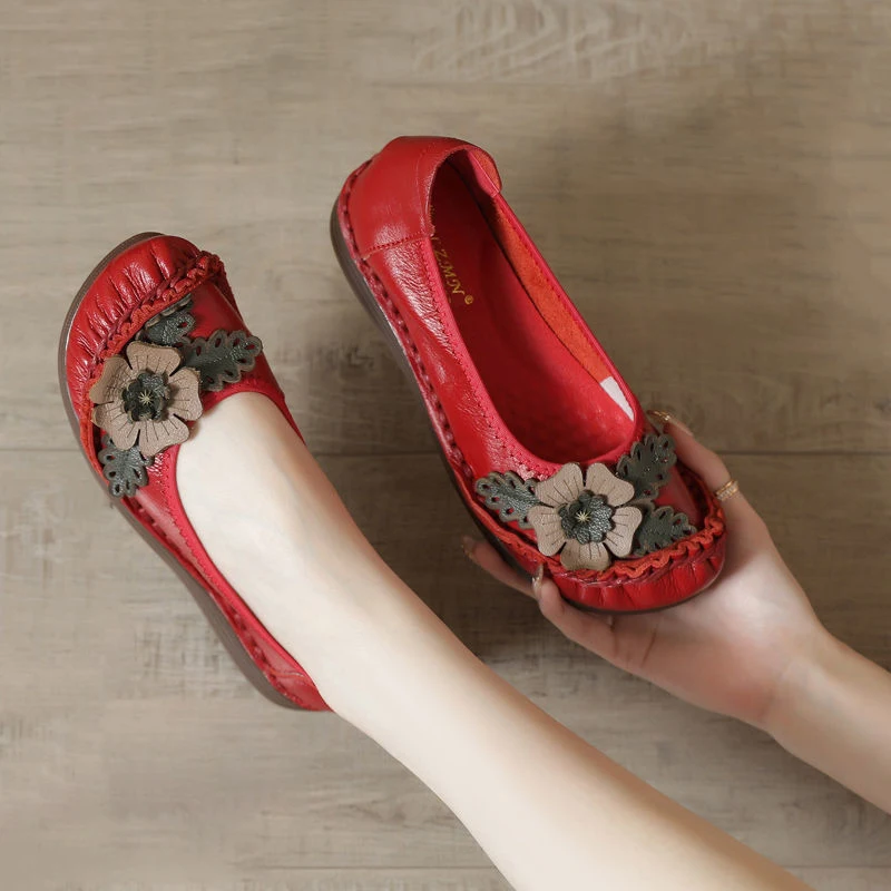 

Retro Floral Luxury Shoes Women Genuine Leather Summer Flats Size 41 Ladies Concise Handmade Leather Moccasins Female Loafer