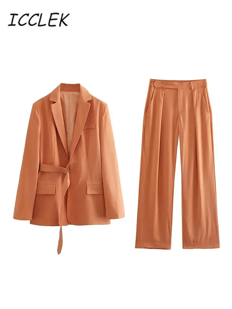

Icclek Blazers With Pant For Women Elegant Stylish Women's Blazer With Belt Pant Sets Jacket & Wide Leg Pant Female 2 Pieces Set