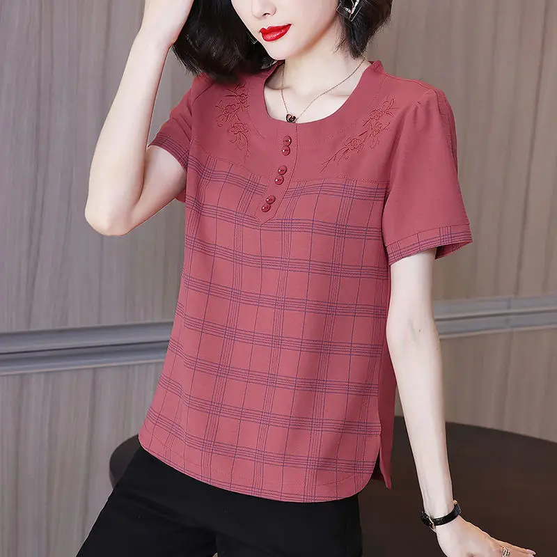 

Chiffon shirt short-sleeved t-shirt female 2022 summer new loose large size middle-aged mother wild plaid o neck t shirt top