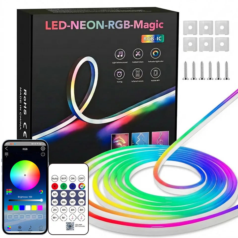 Фото Светодиодная RGB-лента Bluetooth Neon 1-10м, DC5V, USB, IP65, водонепроницаемая, гибкая, с управлением через приложение/пульт, синхронизация с музыкой, для домашнего декора №1