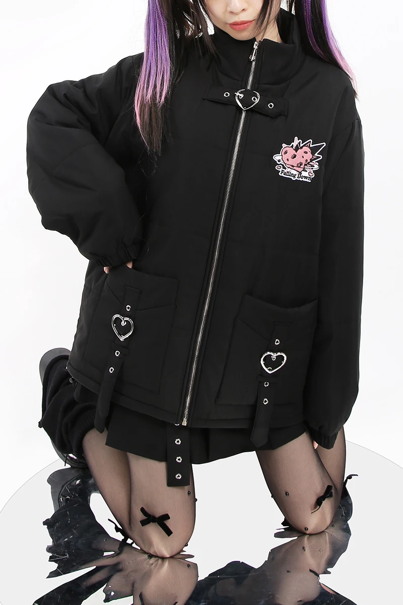 Black Long Sleeve Straight Cotton-Padded Coat Stand Collar Coat Thickened Winter Buckle Loose Street Design All-Matching Parkas