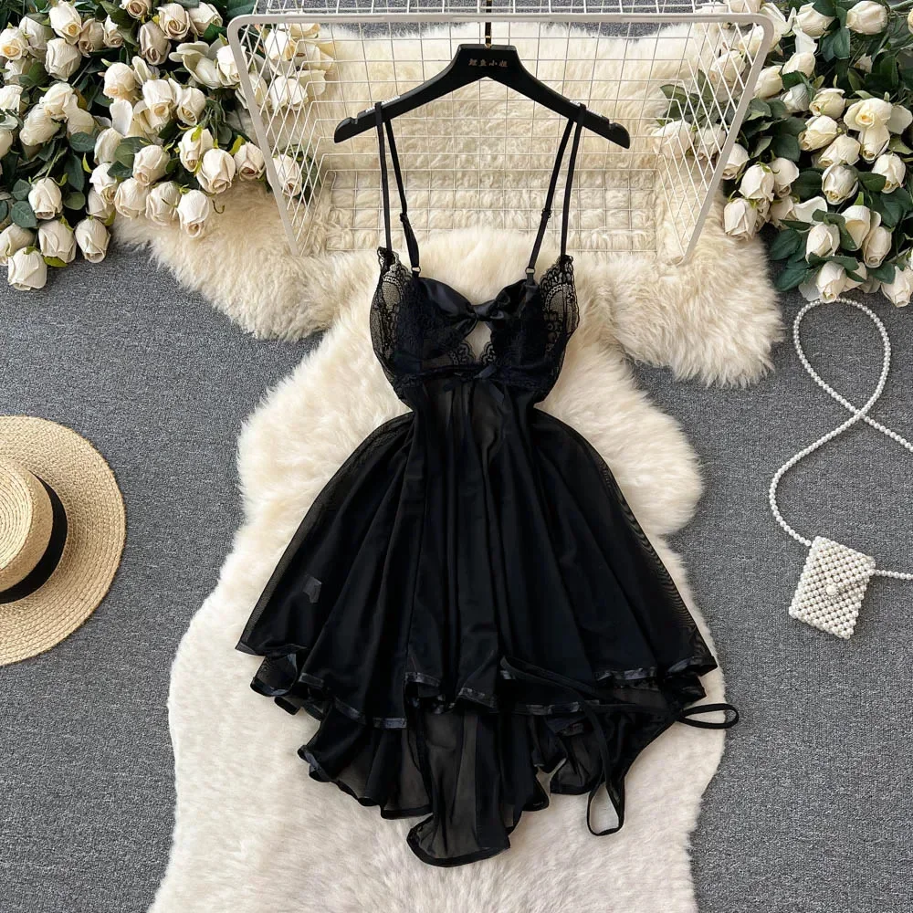 Sweet Sexy Lace Patchwork Strap Dress Bow Hollow Backless Sleeveless Nightgown Women Nightdress Pajamas Hot Slim Pleated