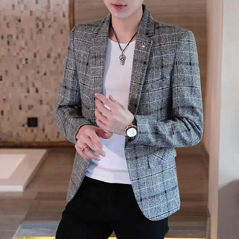 

Men's Autumn Business Slim Fit Suit Jacket Male Large Size Fashion Casual Plaid Color Personality Dress Blazers Coat 5XL E205