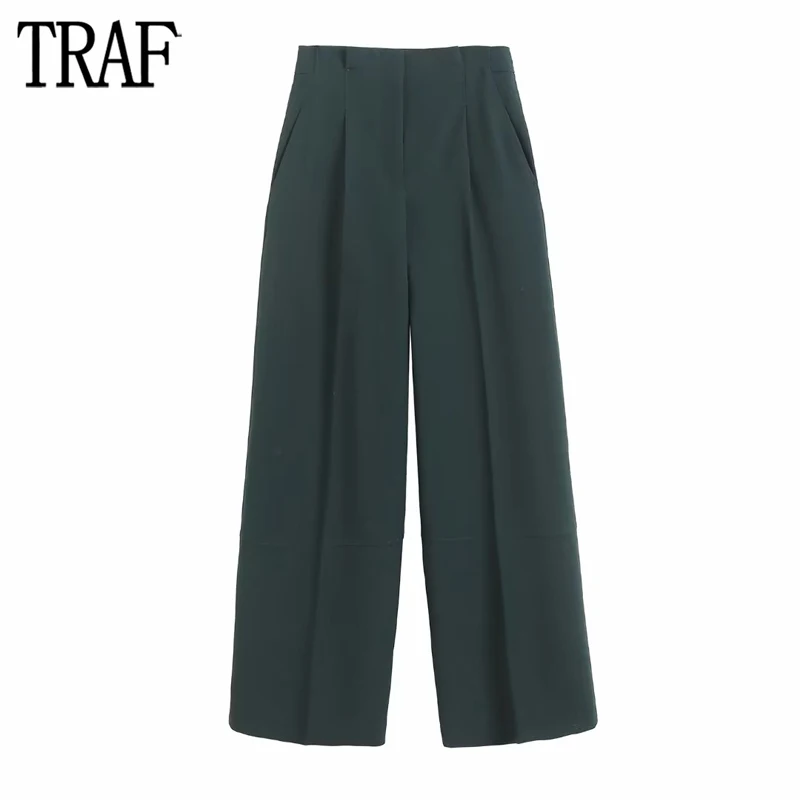 

TRAF 2023 High Waist Trousers Women Green Wide Leg Pants for Women Spring Masculine Baggy Pants Woman Office Wear Pants Women