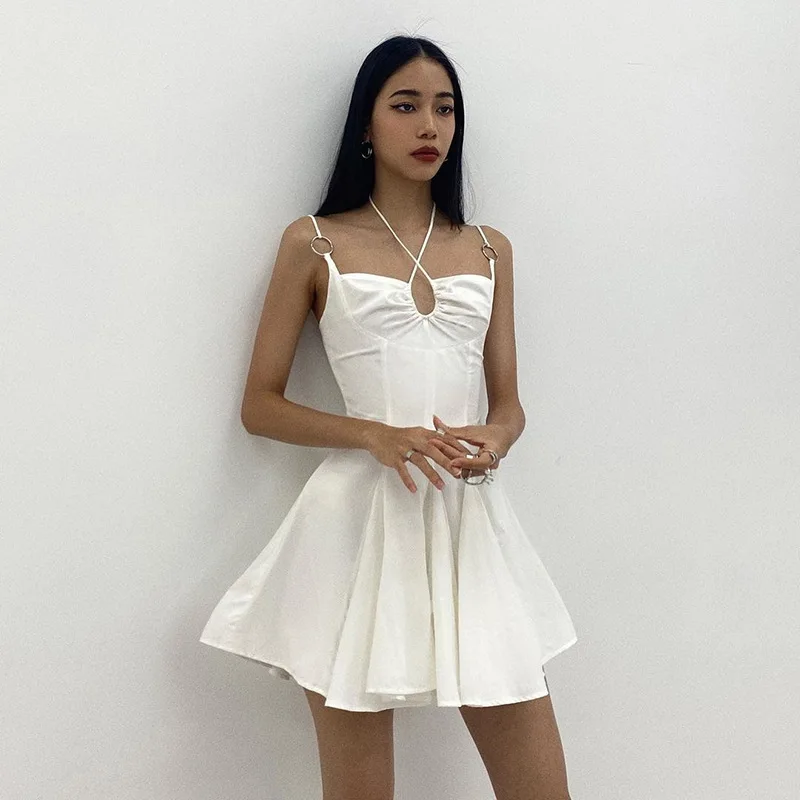 

2022 summer new women's fashion suspenders sexy one-shoulder open-back slim Spaghetti Strsp solid color Mini dresses