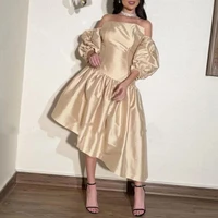 champagne asymmetrical midi prom dresses saudi arabia half sleeves dubai women formal evening dress short wedding party gowns