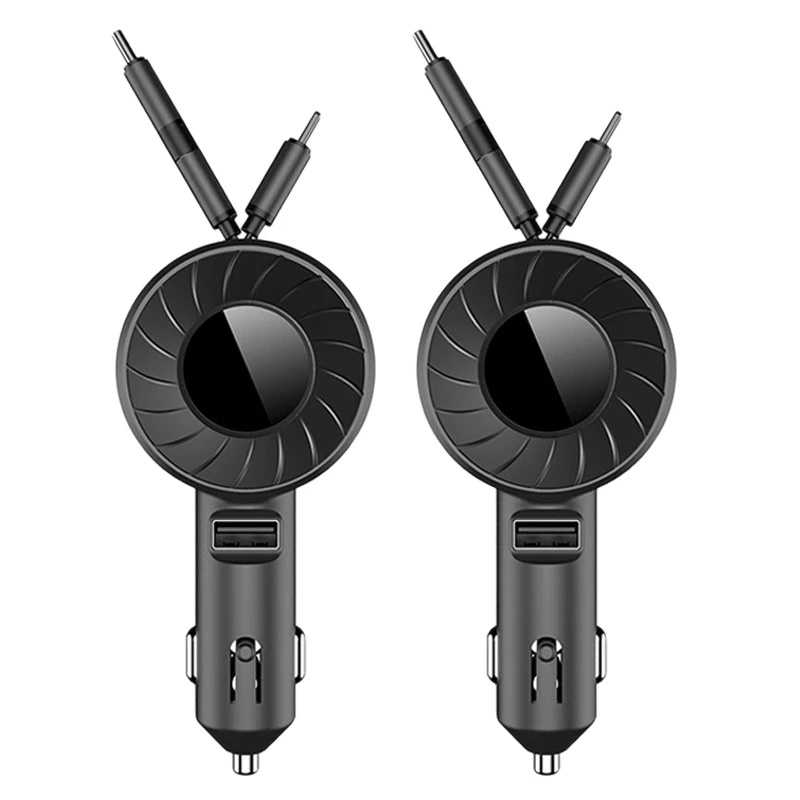 

2X 3 In 1 Car Charger For Samsung For Iphone Android Micro-USB Type-C Cable Multi Function Telescopic Cable Black