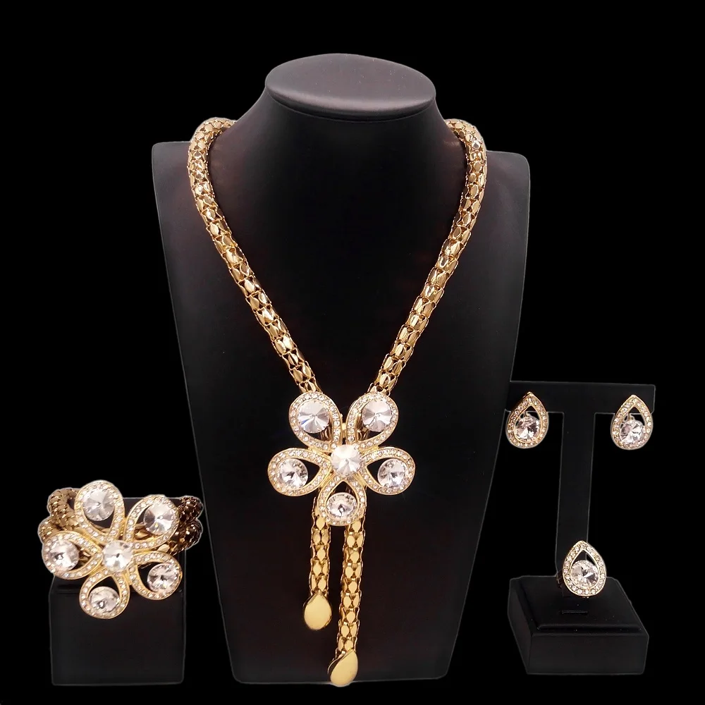 

Women Jewelry Set Flower Shape Crystal Necklace Earrings Bracelet Ring Gift Party Free Shipping
