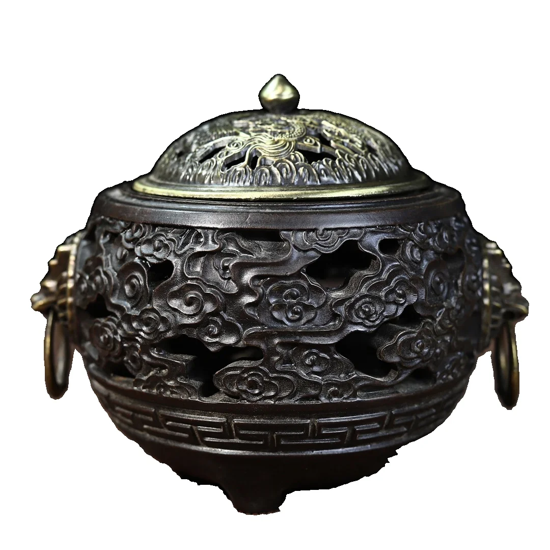 

Laojunlu A Rare Ebony Openwork Carved And Inlaid Copper Dragon Head Ring Copper Cover Three Legged Round Incense Burner