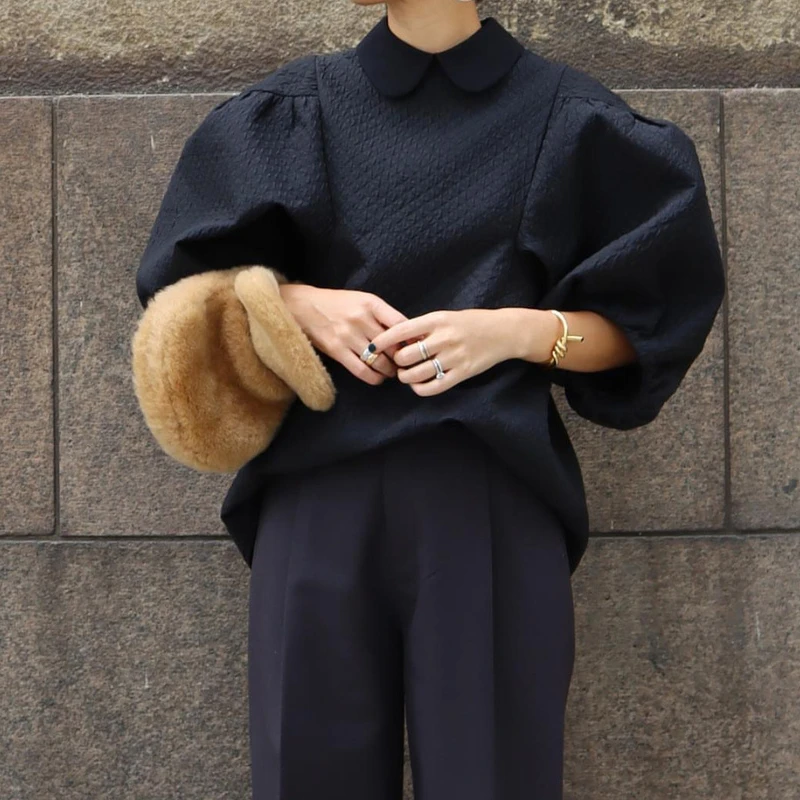 

F девушки Питер Пэн воротник летние новые женские блузы японские модные блузки маленькие лацканы с пышными рукавами клетчатые свободные рубашки