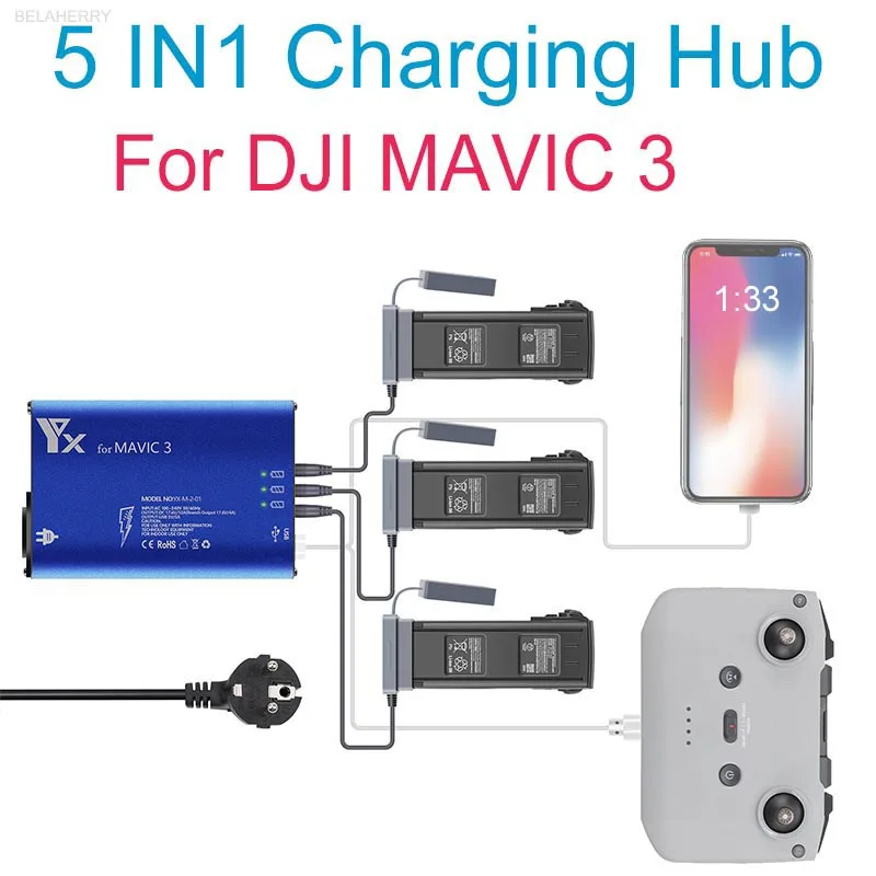 

5 in 1 Battery Charger Hub for DJI Mavic 3/3 Cine Drone Remote Controller SmartPhone Charging Hub Intelligent Rapid Charger