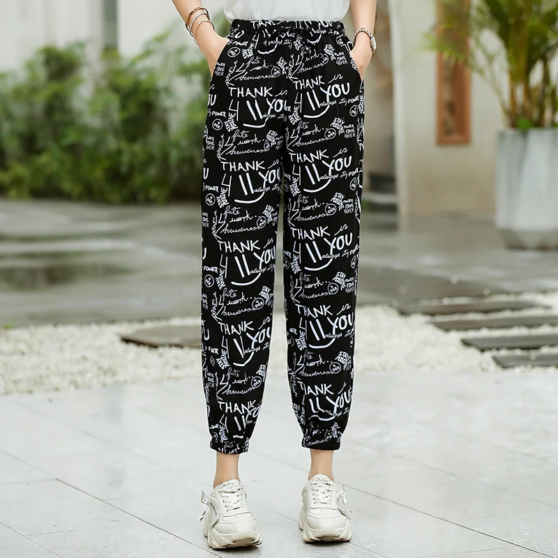 

Summer Women's Harem Pants Print Elastic Waist Vintage Ankle-Length Trousers Lady Bottoms Loose Casual Woman High Waist Pants