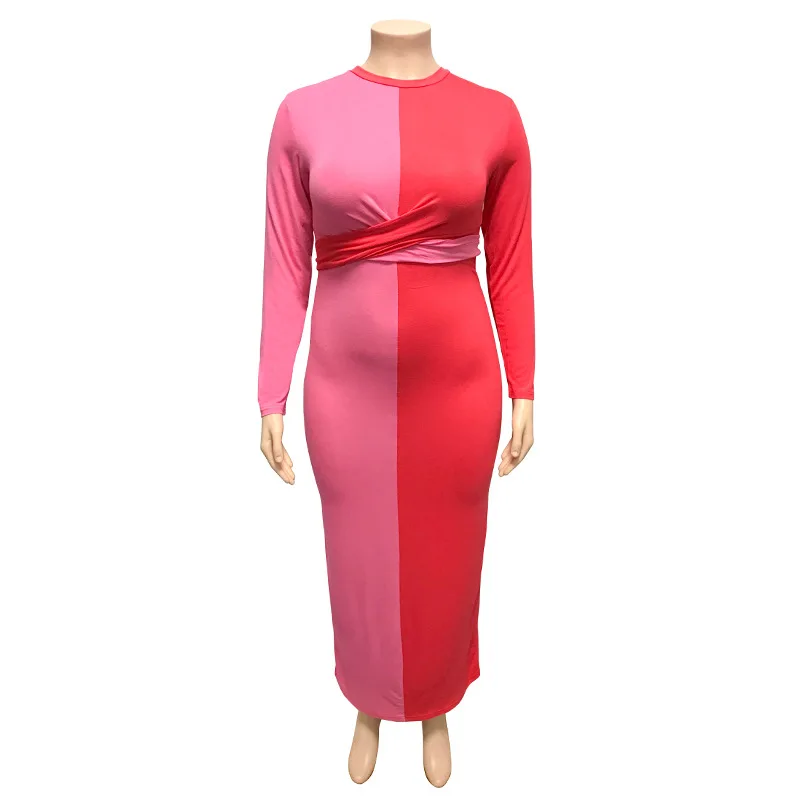 Plus Size Women's Dress Autumn/Winter 2022 New Clean Color Contrast Tight Wrap Hip Sexy Strap Long Dress Temperament Commuter