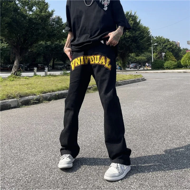 2022 High Street Letter Embroidery Hip Hop Straight Black Jeans For Men Y2K Pants Baggy Harajuku Denim Trousers Pantalon Homme