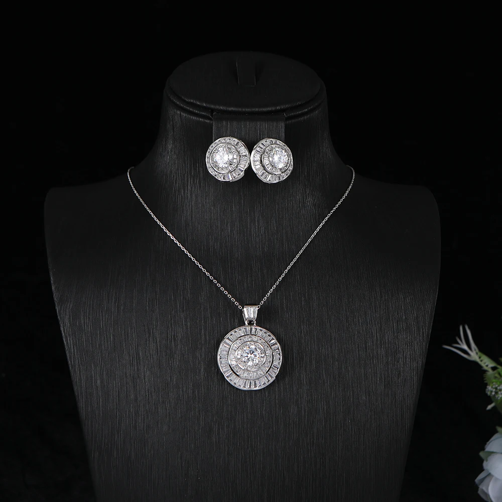 

Роскошное милое 3-слойное круглое ожерелье, серьги-гвоздики, полная закрепка, кубический цирконий, помолвка, бриллиантовый комплект ювелирных изделий для женщин из Дубая S437
