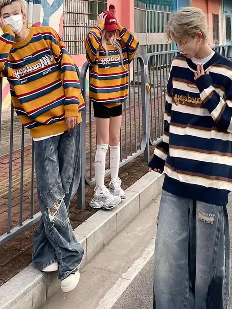 American Fashion Brand Retro Letters Contrast Color Stripe Round neck sweater Men's and Women's Autumn Winter Lazy Loose ...