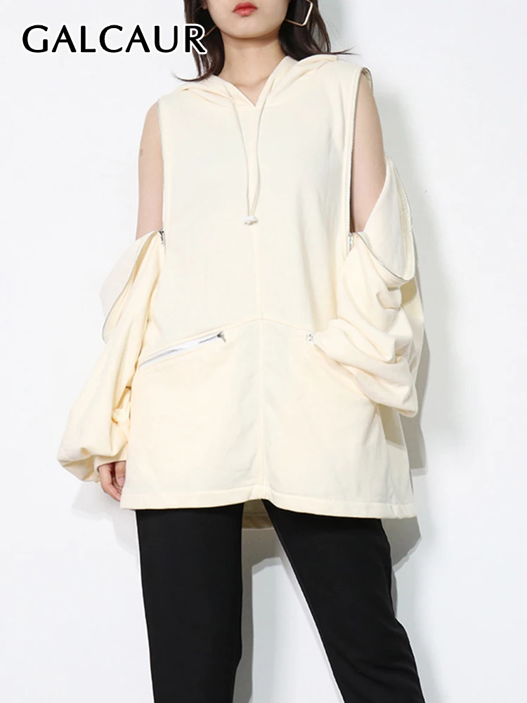 

GALCAUR Loose Sweatshirt For Women Hooded Collar Off Shoulder Long Sleeve Patchwork Zippers Sweatshirts Female Autumn Clothing
