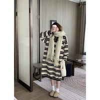 stripe knitting dress female han edition of 2022 autumn winters in loose long knee length hair dress