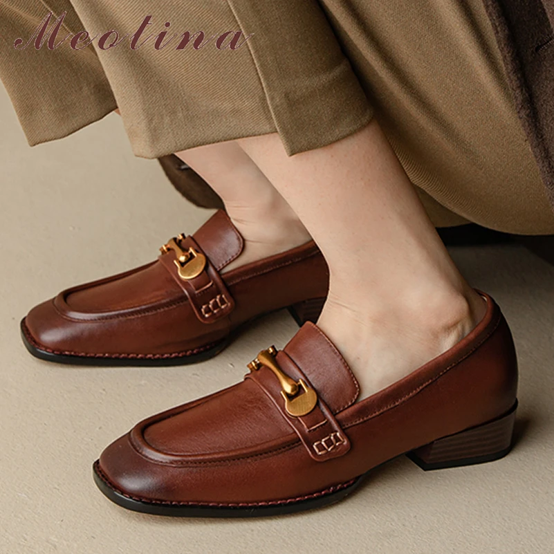 

Meotina Women Genuine Leather Square Toe Flat Shoes Metal Decoration Fashion Sewing Ladies Office Autumn Spring Beige Brown 43